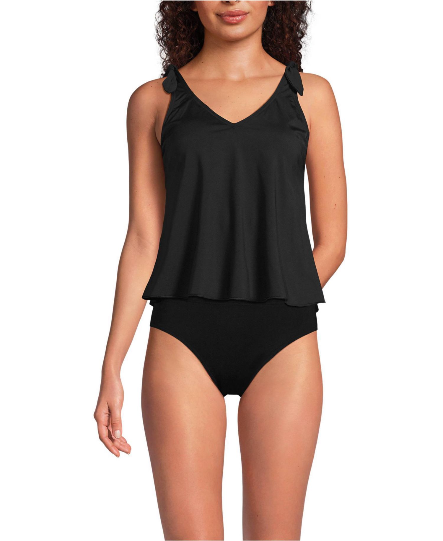 Women's D-Cup Chlorine Resistant V-neck Shoulder Tie Flutter Tankini Swimsuit Top