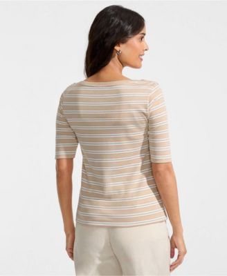 Women's Supima Cotton Elbow Sleeve Boatneck Button Shoulder Tee