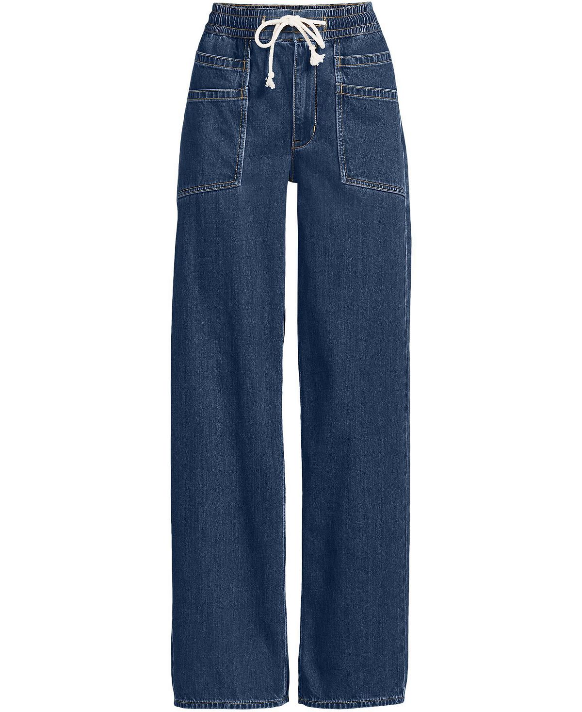 Lands' End Petite Lightweight Denim High Rise Relaxed Straight Pull On Pocket Jeans view 1 — MAYCSS fashion products