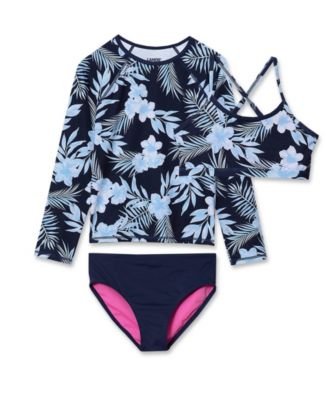 Girls Slim Chlorine Resistant Long Sleeve Rash Guard Bikini 3 Piece Swimsuit Set