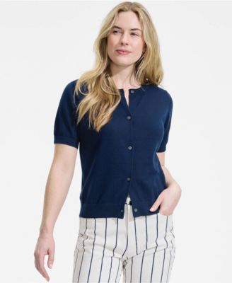 Women's Cotton Short Sleeve Crew Neck Cardigan Sweater