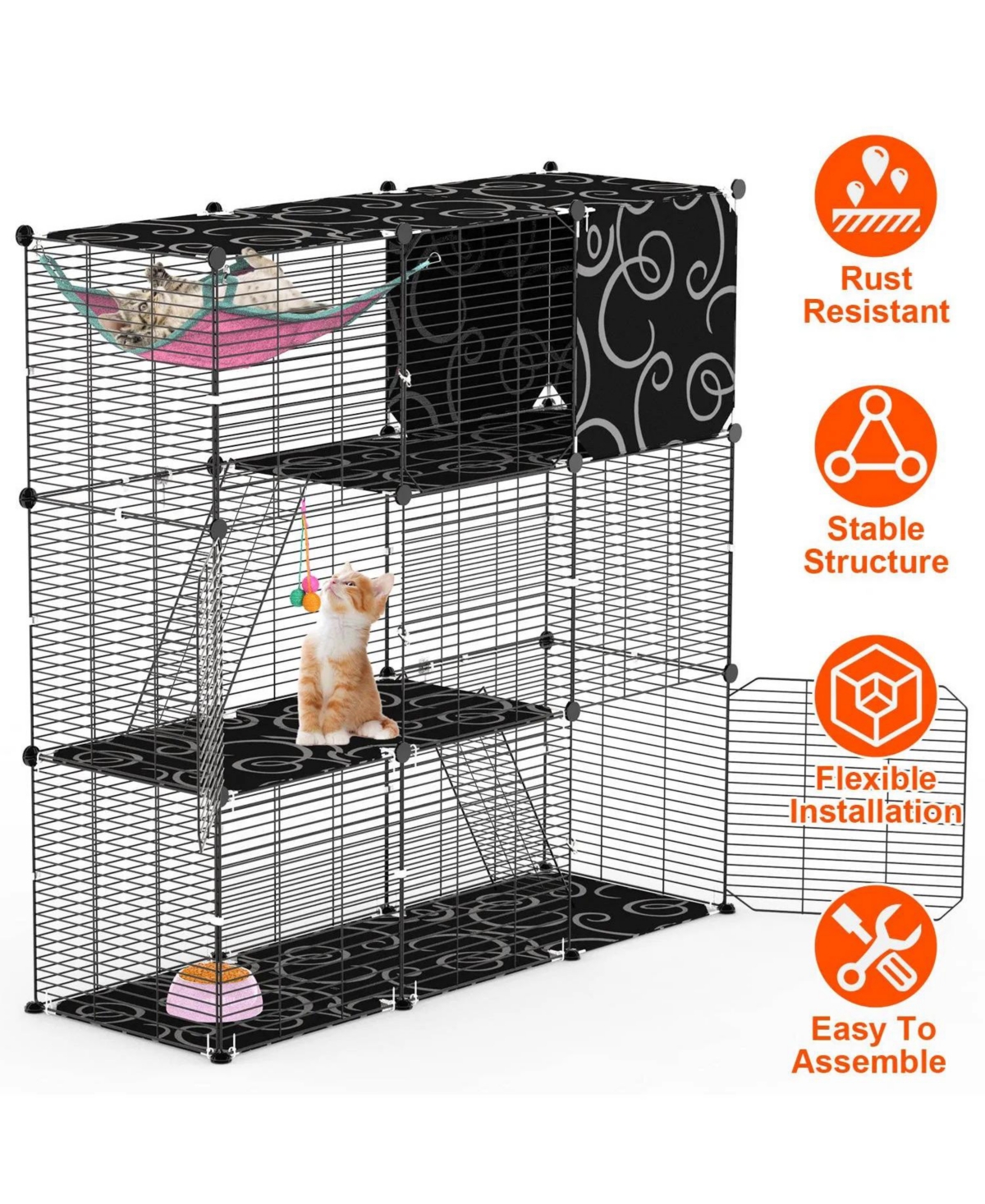Zeus and Ruta 3 Tier Indoor Cat Enclosure with Hammock Toy Ball Ladder Iron Wire Playpen for Cats Ferret Rabbit Small Animals