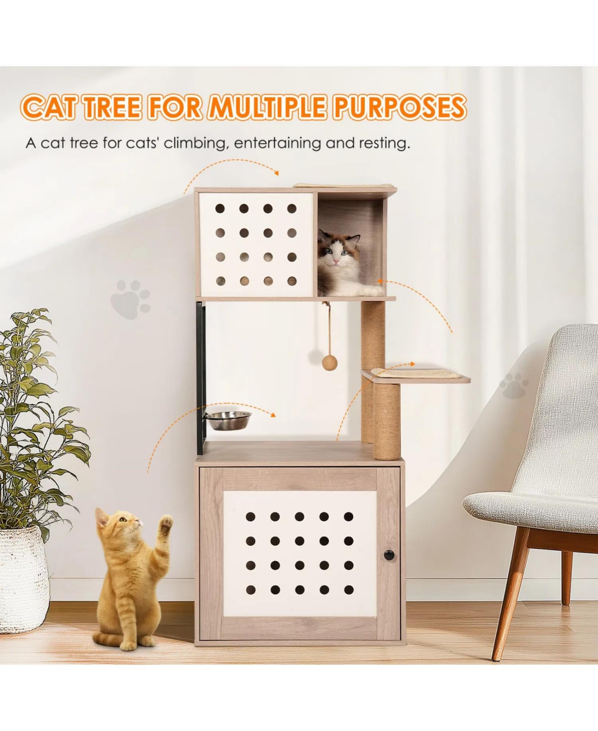 Zeus and Ruta Cat Tree with Litter Box Enclosure with Large Hammock Bed Food Station Scratching Posts Modern Pet Furniture
