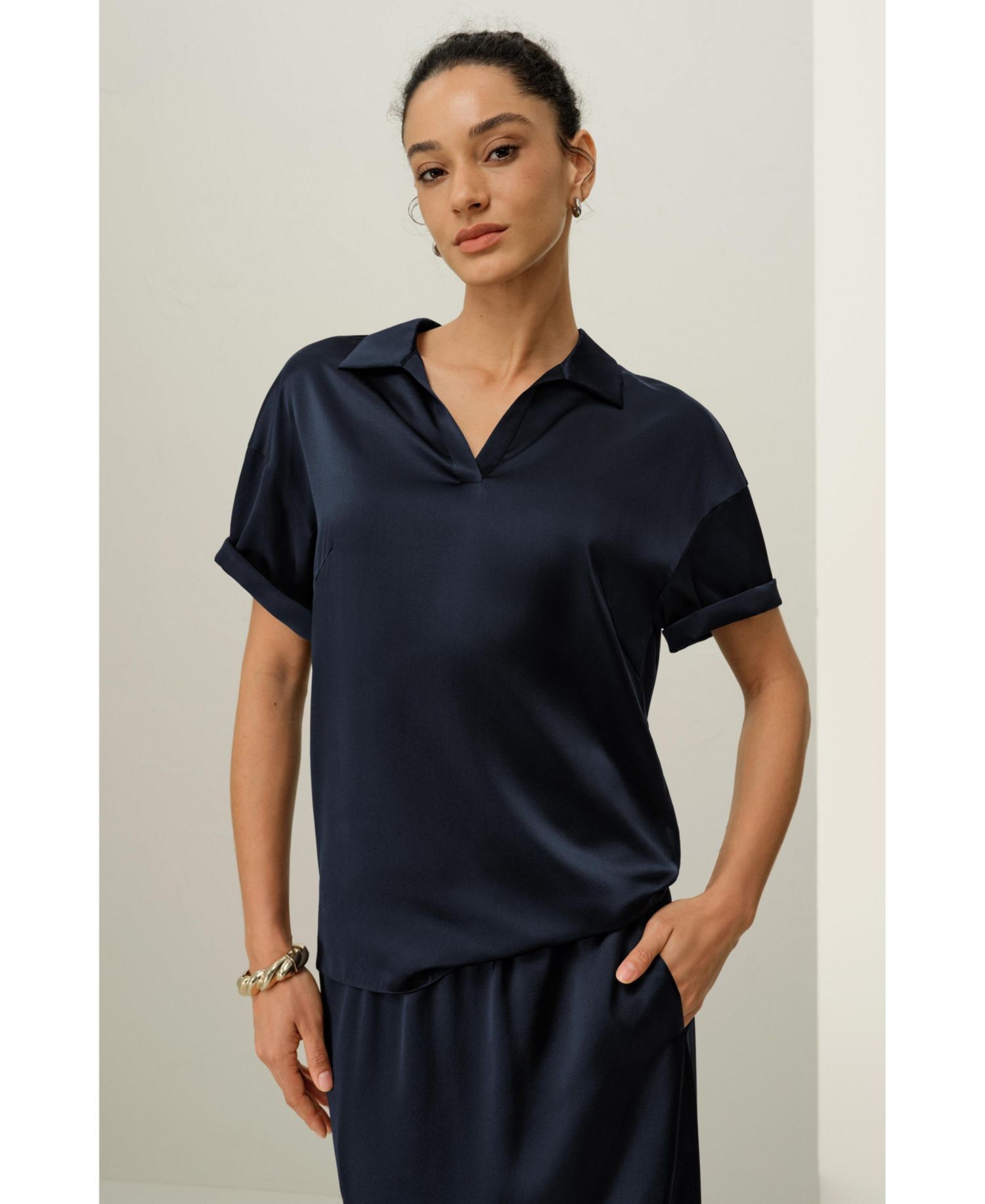 Women's Washable Silk Charmeuse Polo Top