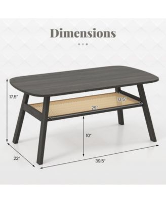 Rectangular Coffee Table 2 Tier Rattan Shelf Rubber Wood Legs