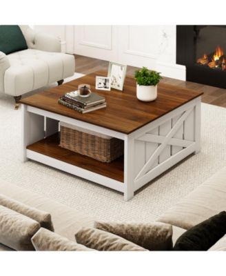 Farmhouse Coffee Table Square with Storage Shelf