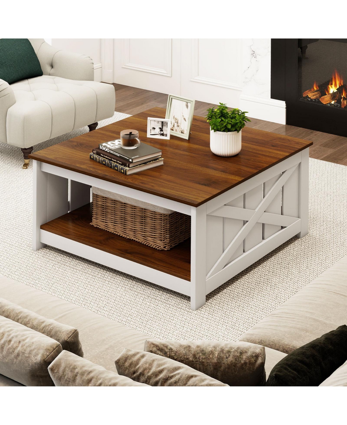 Slickblue Farmhouse Coffee Table Square with Storage Shelf