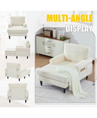 Oversized Chaise Lounge Chair, Chenille Leisure Recliner Single Sofa with Wooden Legs and Side Pockets for Living Room, Bedroom