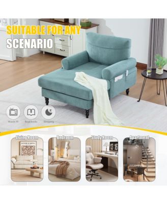 Extra Large Chenille Chaise Lounge, Modern Reclining Single Sofa with Wooden Legs and Side Pockets for Living Room, Bedroom