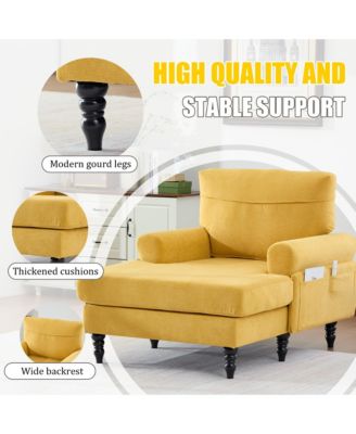 Comfortable Chenille Chaise Lounge Chair, Oversized Leisure Recliner Single Sofa with Wood Legs and Side Storage Pockets for Home Use