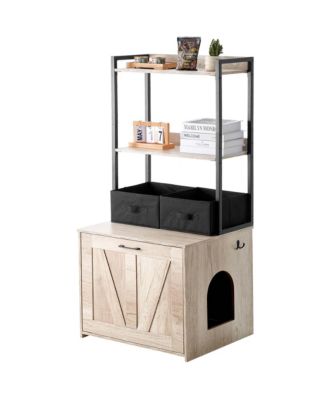 Cat Litter Box Enclosure Furniture Hidden with 2 Shelves and 2 Baskets, Indoor Litter Box Cabinet