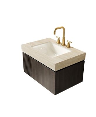 30" Wall Mounted Bathroom Vanity with Roma Travertine Sintered Stone Top, Ceramic Sink, Soft Close Drawer and Door
