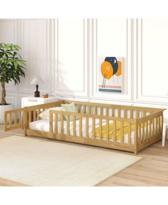 Twin Size Floor Bed with Fence and Door,Rubber Wood Floor Bed with Safety Guardrails