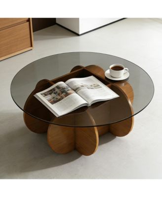 Modern Round Coffee Table - Tempered Glass Tabletop, Solid Wood Frame, Mid Century Center Table for Living Room
