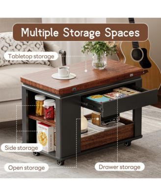 Modern Coffee Table, Multi-Tier Storage Side Table with Foldable Top and Casters, Center Table for Living Room