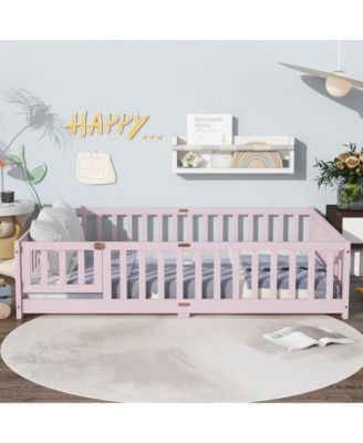 Full Size Floor Bed with Fence and Door,Rubber Wood Floor Bed with Safety Guardrails