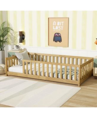 Twin Size Floor Bed with Fence without Door, Rubber Wood Floor Bed with Safety Guardrails