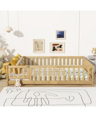 Full Size Floor Bed with Fence and Door,Rubber Wood Floor Bed with Safety Guardrails