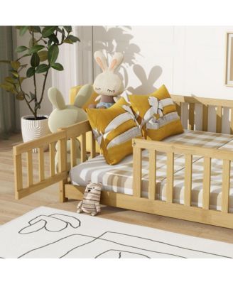 Full Size Floor Bed with Fence and Door,Rubber Wood Floor Bed with Safety Guardrails