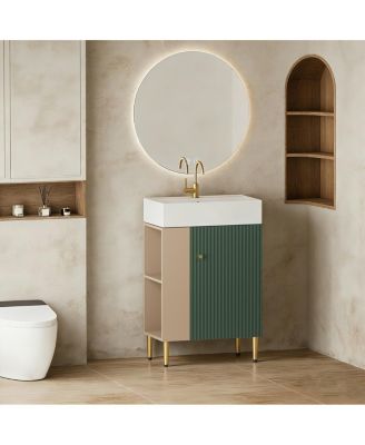  Small Bathroom Vanity with Ceramic Sink, Modern Wood Base, Soft Close Door and Open Shelves for Compact Spaces
