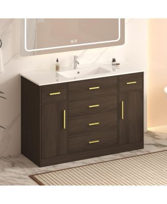 48" Light Oak Bathroom Vanity with Resin Top, 6 Drawers and 2 Soft Close Doors, Transitional Storage for Modern Bathroom