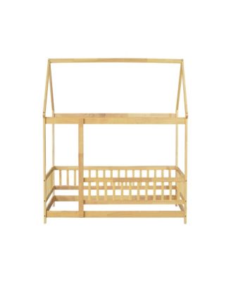 Twin Size House Floor Wooden Bed with Roof Frame,Safety Guardrails