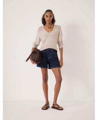 Women's Pointelle Cotton V-Neck Sweater