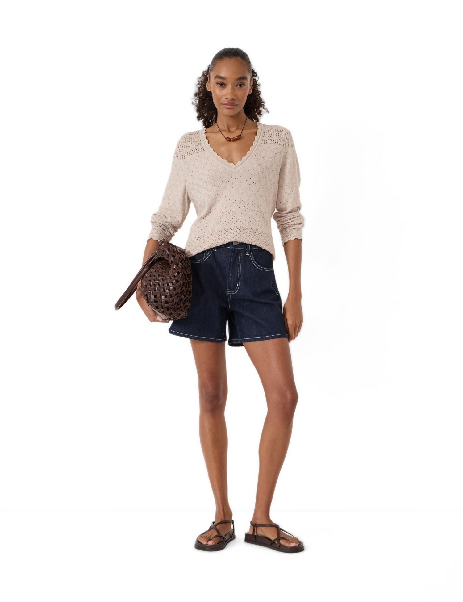 Women's Pointelle Cotton V-Neck Sweater
