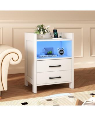 Nightstand w/ LED Lights and Charging Station 23.5'' Smart Bedside Table w/ Drawer and Open Storage Shelf