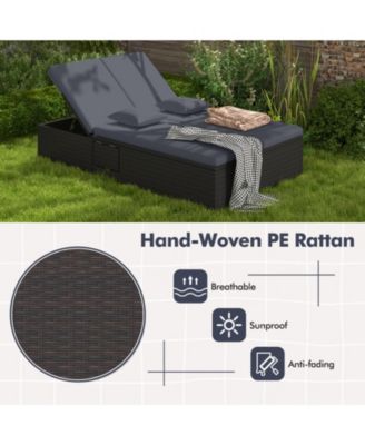 Double Patio Chaise Lounge with 6-Position Backrests and Folding Trays