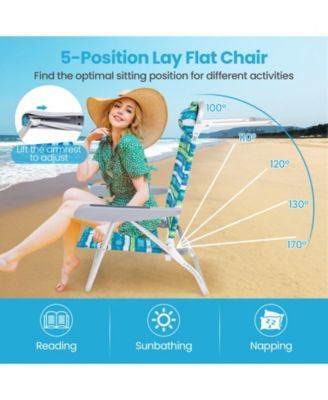 Folding Beach Chair Set of 2 with 5-Position Recline and Head Pillow