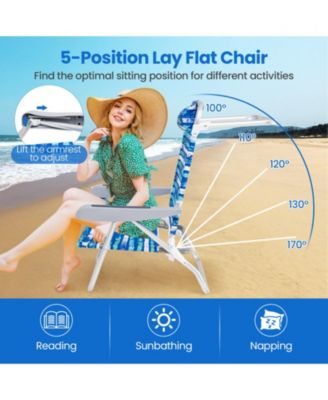 Folding Beach Lounge Chair Set of 2 with Padded Headrest, 5-Position