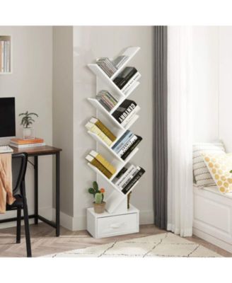 10-Tier Tree-Shaped Bookshelf with Fabric Drawer