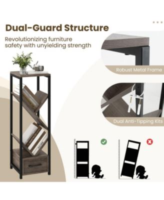 4-Tier Floor Tree Bookshelf with Drawer and Metal Frame