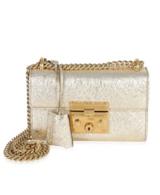 Gold Metallic Crinkled Leather Small Padlock Chain Bag