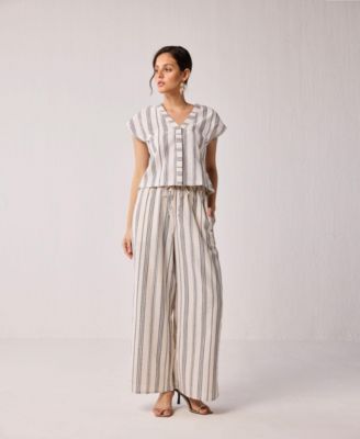 Women's Wide-leg Drawstring Pants in Stripes