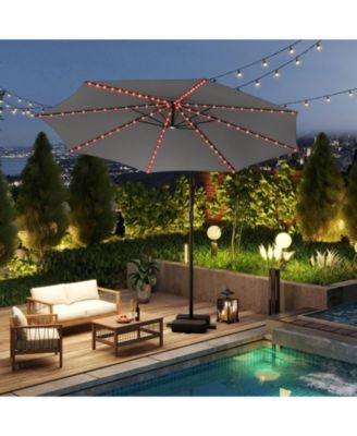 10 ft Solar Offset Umbrella with 96 LED Lights 9 Modes Weighted Base and 360 Rotation