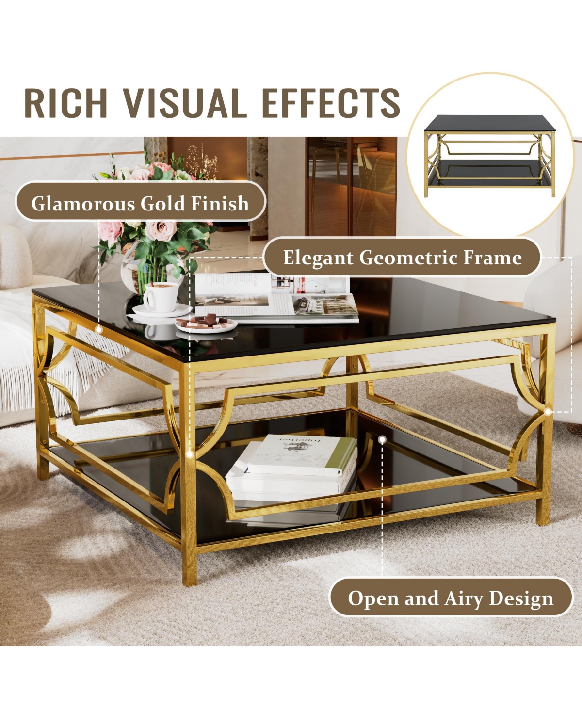 Rainsken Square Glass Coffee Table, Modern 2-Tier Center, Luxurious Geometric Metal Frame for Living Room