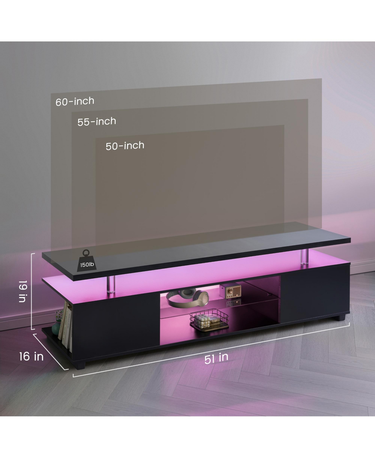 Rainsken Led Tv Stand with Ambient Lighting for 60" TVs, Modern Media Console with Large Side Storage Cabinet and Open Display Shelf for Living R