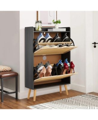 Shoe Cabinet with 2 Flip Drawers, Handwoven Rattan Storage Organizer with 2-Tier Shelves, Narrow Depth Entryway Shoe Rack