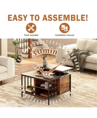 Square Lift-Top Coffee Table, Farmhouse Center Table with Hidden Compartment and Storage Shelves for Living Room