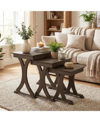 Nesting Coffee Table Set of 3, Side Tables with Solid Rubber Wood Legs