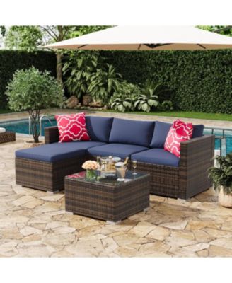 5-Piece All-Weather Wicker Patio Sectional Sofa Set with Ottoman and Glass Table