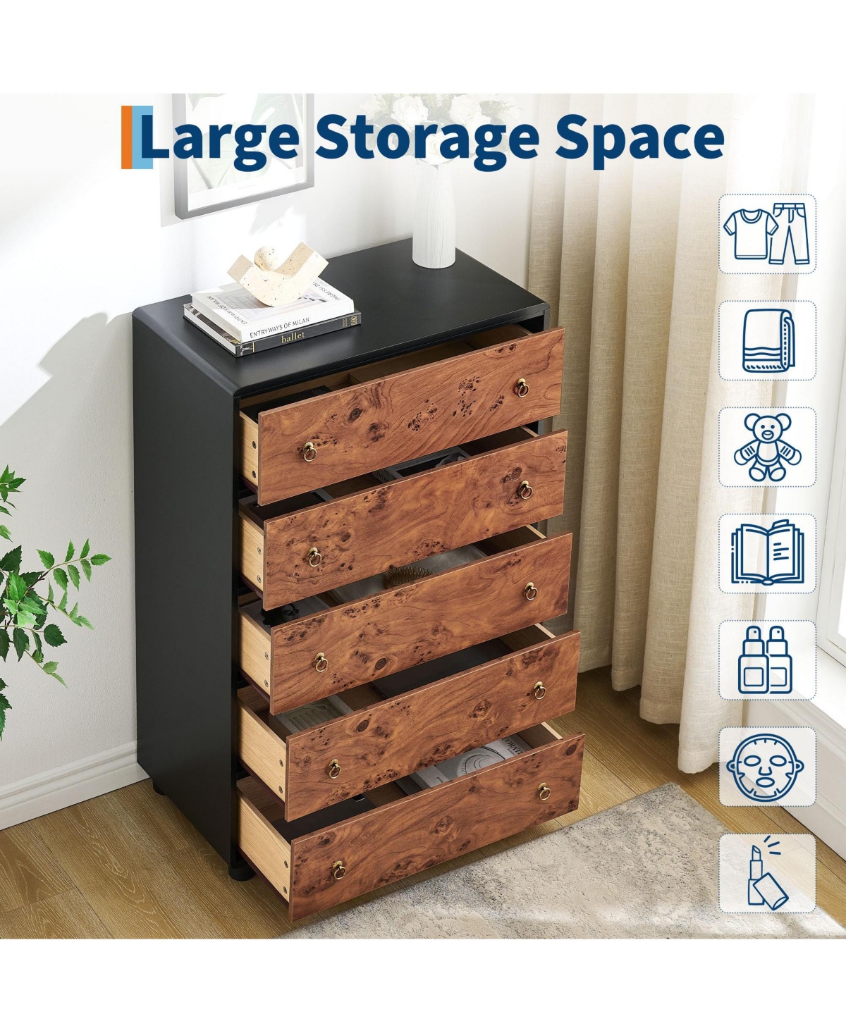 gaomon 5 Drawers Dresser, 46 in Tall Modern Chest of Drawers with Curved Profile Design