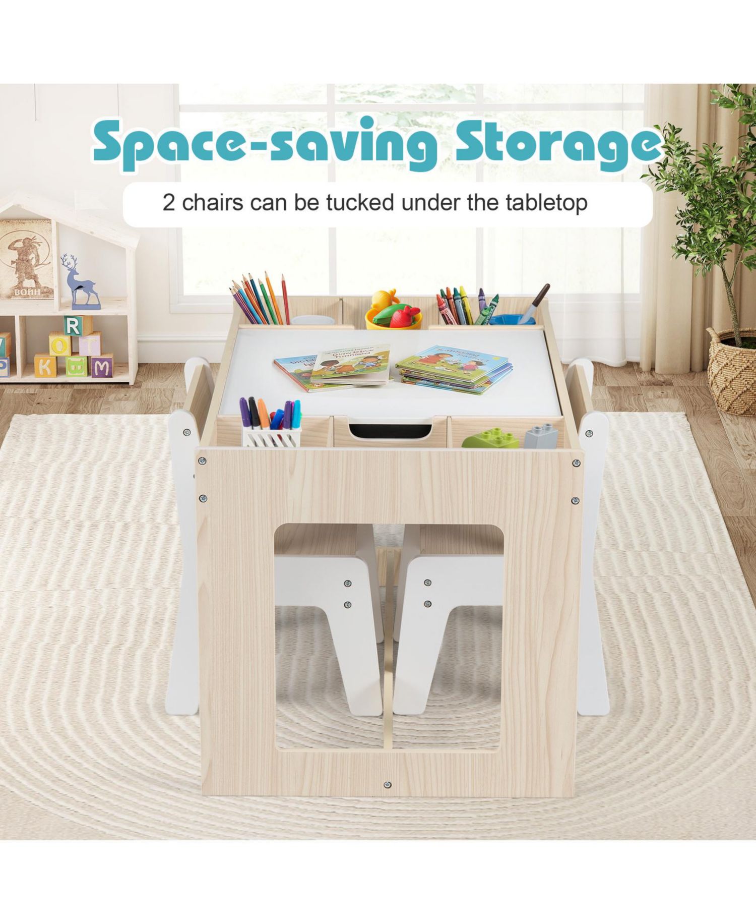 Multifunctional Kids Table and Chairs Set with Chalkboard