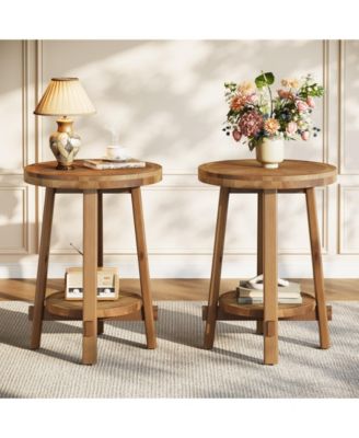 Solid Wood Side Table Set of 2, Small Round End Table with 2-Tier Storage, Farmhouse Wooden Circle Bedside Nightstand