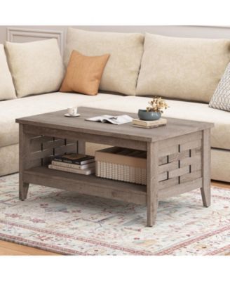 Farmhouse 2-Tier Coffee Table with Open Shelf and Woven Decor for Living Room