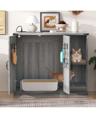 Modern Cat Litter Box Cabinet with Power Outlet, Hidden Enclosure for Large Automatic Boxes, Catcher, Storage