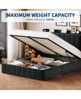 Lift Up Bed Frame, Upholstered Bed with Button Tufted Wingback Storage Headboard, Hydraulic Storage, No Box Spring Needed, Wood Slats Support