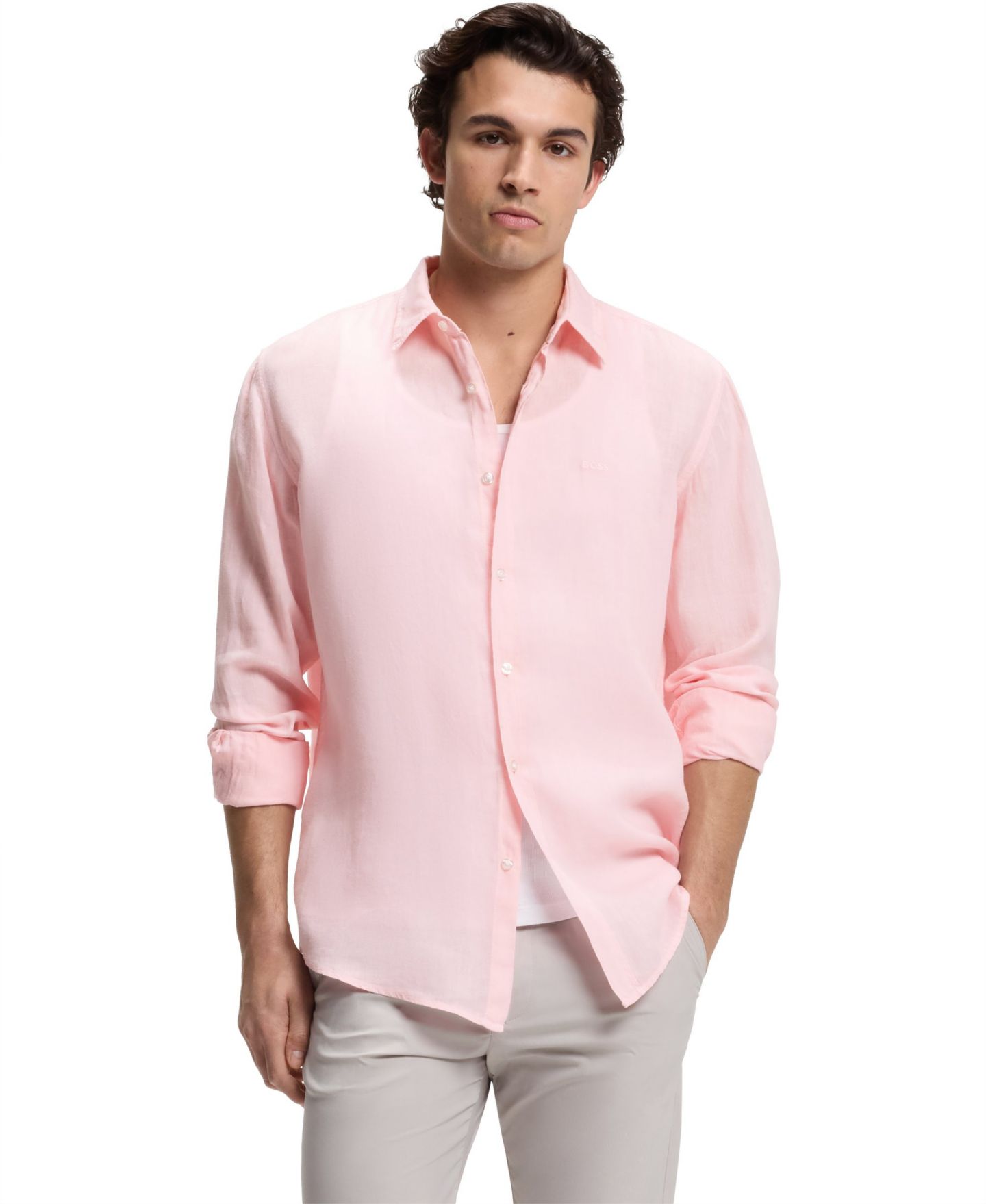 Мужская рубашка Hugo Boss Linen Regular-Fit Dress Shirt, цвет: Розовый — фото 1